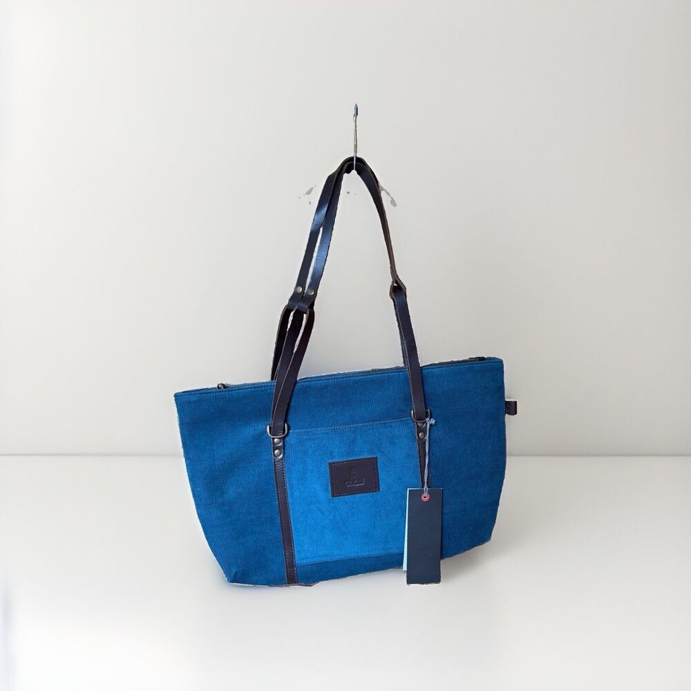 MIB Spirit Blue Corduroy Tote Bag Brown Leather Straps Zip Top Handmade NWT